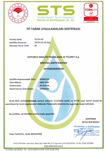 STS İyi Tarım Uygulamaları Sertifikası Koyuncu Seracılık